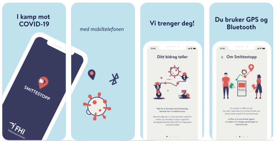 Folkehelseinstituttet med ny app Skjermdump med ulike bilder fra appen Smittestopp